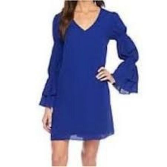 Kaari Blue Size M Tiered Bell Long Sleeve Mini Dress Cobalt Cocktail Party - Picture 1 of 7